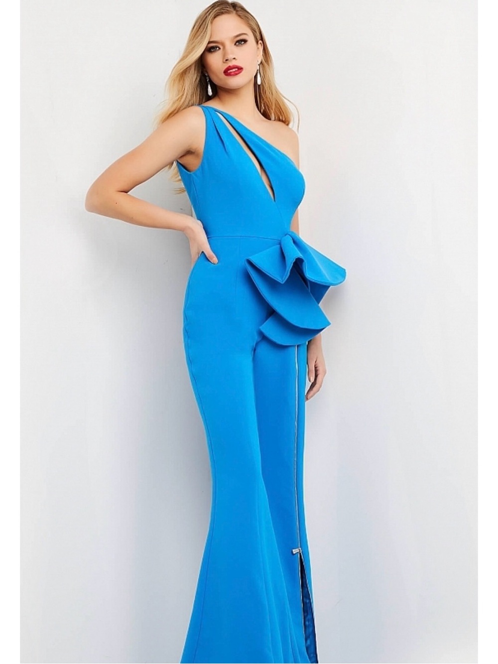 Jovani One-Shoulder Electric Blue Peplum Jumpsuit - Picture 2 of 2
